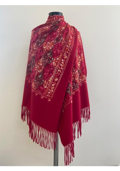 Etnik Desen Nakışlı Kışlık Omuz Şalı - Bordo