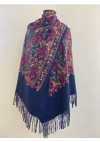 Etnik Desen Nakışlı Kışlık Omuz Şalı - Lacivert