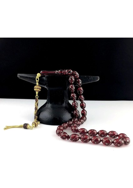 Altın Kaplama Zirkon Taş Püsküllü Gümüş Işlemeli Ateş Kehribar Tesbih