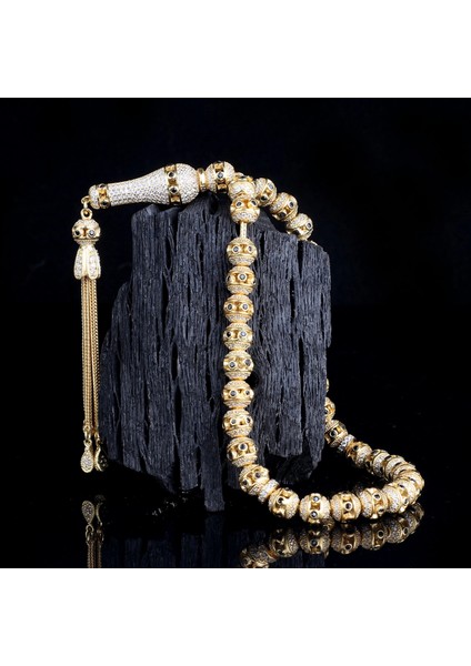 Altın Kaplamalı Mikro Zirkon Taşlı 925 Ayar Gümüş Tesbih