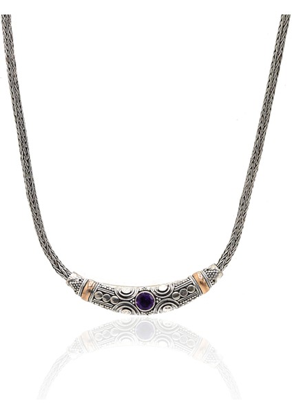Ametist Taşlı 925 Ayar Saf Gümüş Hasır Zincir Unisex Kolye 201023657