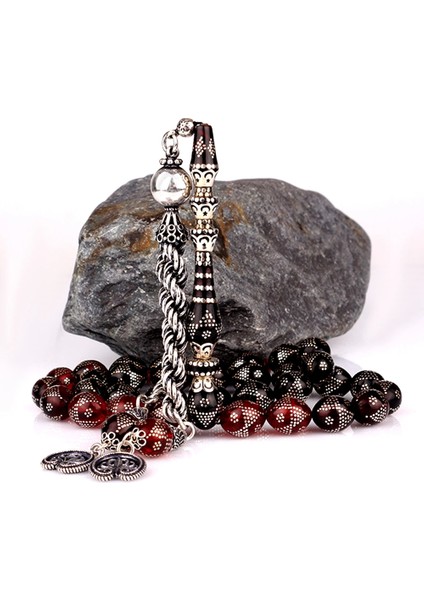 Nakkaş Imame Nokta Gümüş Işlemeli Büyük Boy Ateş Kehribar Tesbih