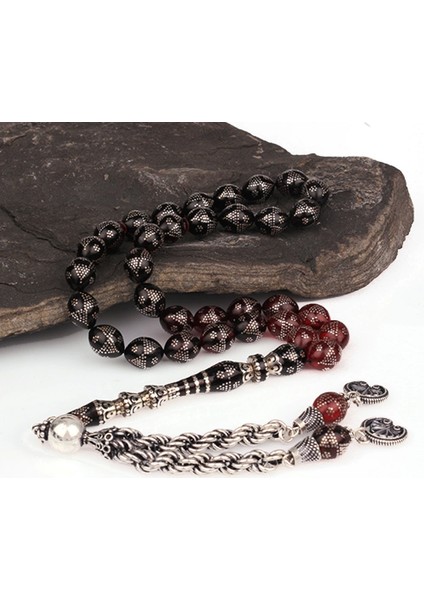 Nakkaş Imame Nokta Gümüş Işlemeli Büyük Boy Ateş Kehribar Tesbih fiyatları