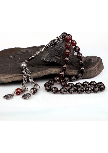 Nakkaş Imame Nokta Gümüş Işlemeli Büyük Boy Ateş Kehribar Tesbih modelleri