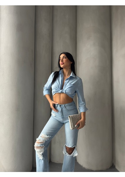 Yırtık Detaylı Yüksek Bel Straight Jeans
