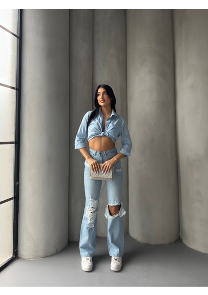 Yırtık Detaylı Yüksek Bel Straight Jeans