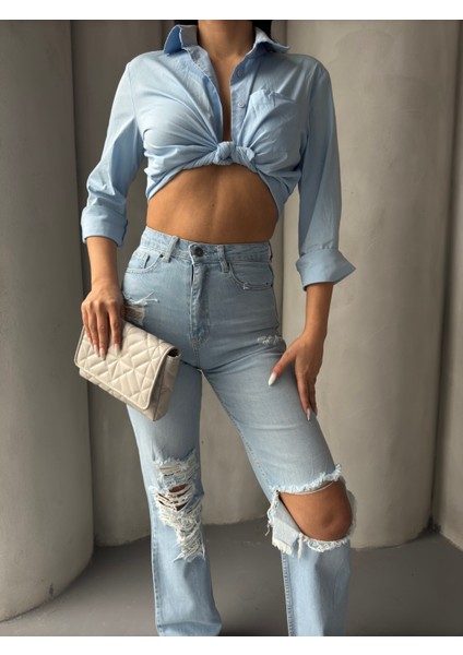 Yırtık Detaylı Yüksek Bel Straight Jeans