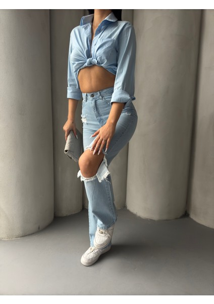 Yırtık Detaylı Yüksek Bel Straight Jeans