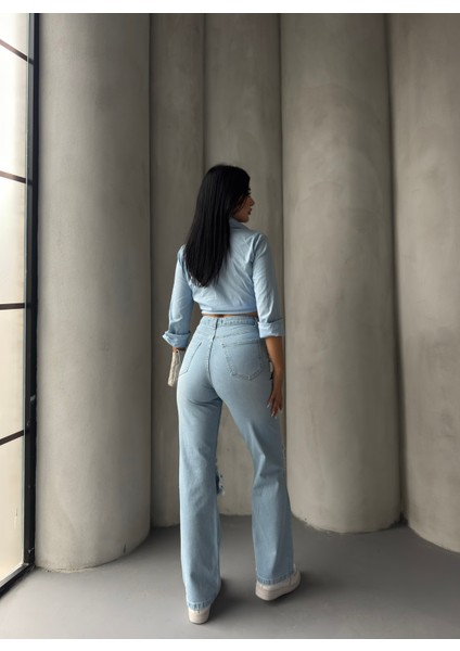 Yırtık Detaylı Yüksek Bel Straight Jeans