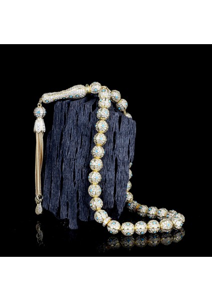 Altın Kaplamalı Zirkon Taş Işlemeli Tamamı 925 Ayar Gümüş Tesbih