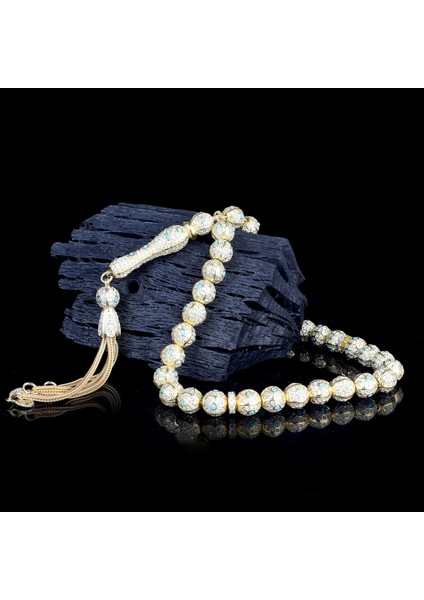 Altın Kaplamalı Zirkon Taş Işlemeli Tamamı 925 Ayar Gümüş Tesbih fiyatları