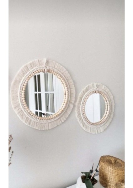 Boho Aynası Yumuşak Makrome Ayna Beyaz Duvar Dekoru