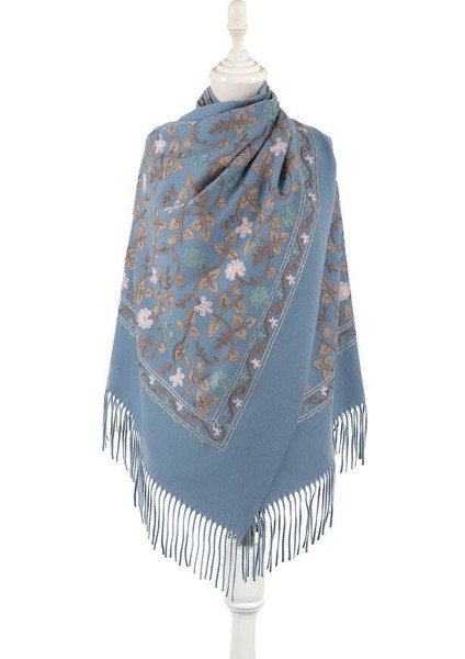 Çiçek Desen Nakışlı Kışlık Omuz Şalı - Kot Mavisi