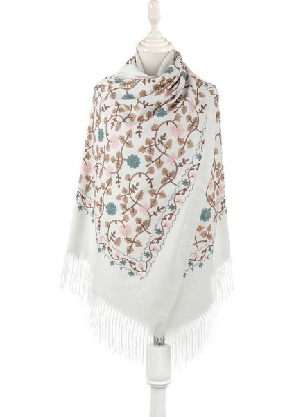 Çiçek Desen Nakışlı Kışlık Omuz Şalı - Beyaz