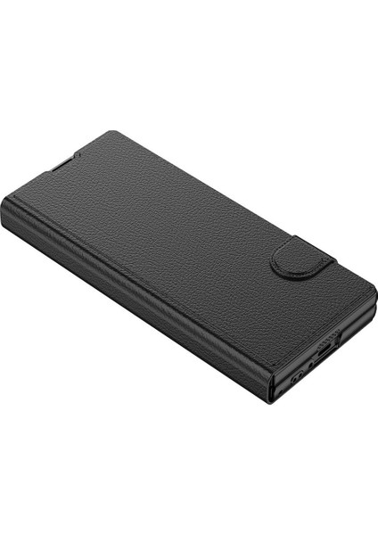 Galaxy Z Fold 6 Kılıf Suni Deri Tasarımlı Magnetik Tokalı ve Kartlıklı Kıpta Zegna Kapak-Siyah modelleri