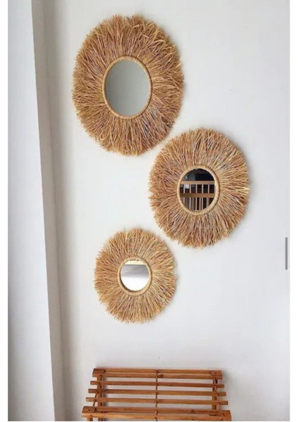 Dekoratif Aynalı Rafya Duvar Süsü Bohemian Style 3 Adet 45 cm