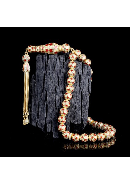 Futbol Topu Model Zirkon Taşlı Kırmızı Mineli 925 Ayar Gümüş Tesbih