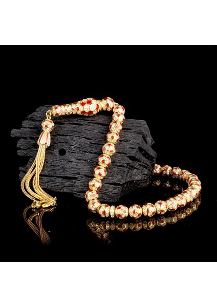 Futbol Topu Model Zirkon Taşlı Kırmızı Mineli 925 Ayar Gümüş Tesbih fiyatları