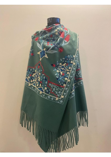 Lale Desen Nakışlı Kışlık Omuz Şalı - Zümrüt