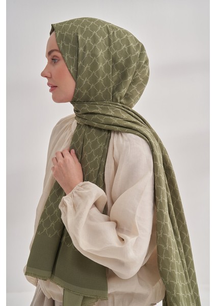 Zincir Desenli Cotton Monogram Şal - Keten Yeşili