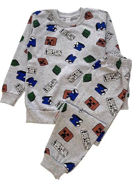 Erkek Çocuk Iki Iplik Pamuklu Şardonlu Gri Minecraft Desenli Uzun Kollu Kışlık Pijama Takımı fiyatları