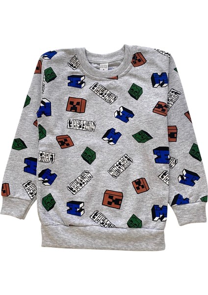 Erkek Çocuk Iki Iplik Pamuklu Şardonlu Gri Minecraft Desenli Uzun Kollu Kışlık Pijama Takımı modelleri