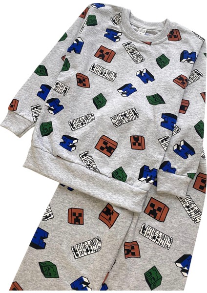 Erkek Çocuk Iki Iplik Pamuklu Şardonlu Gri Minecraft Desenli Uzun Kollu Kışlık Pijama Takımı fırsatları