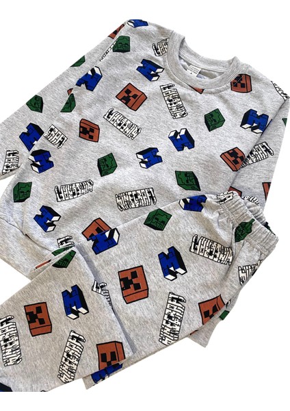 Erkek Çocuk Iki Iplik Pamuklu Şardonlu Gri Minecraft Desenli Uzun Kollu Kışlık Pijama Takımı indirimleri