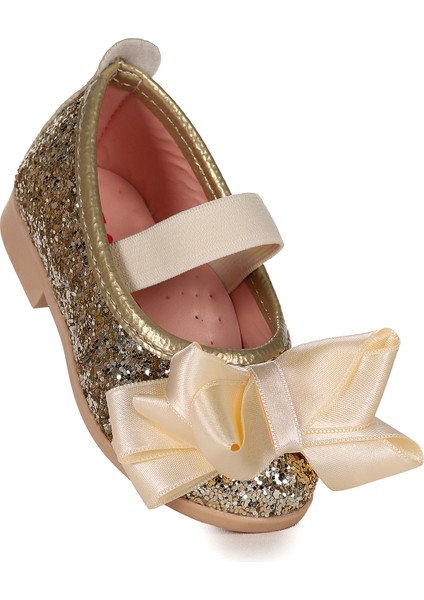 Panı Fiyonk Lastikli Kız Bebek Babet Ayakkabı Altın