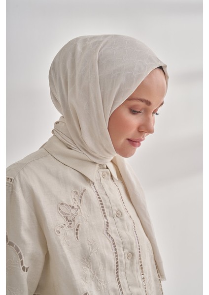 Zincir Desenli Cotton Monogram Şal - Krem