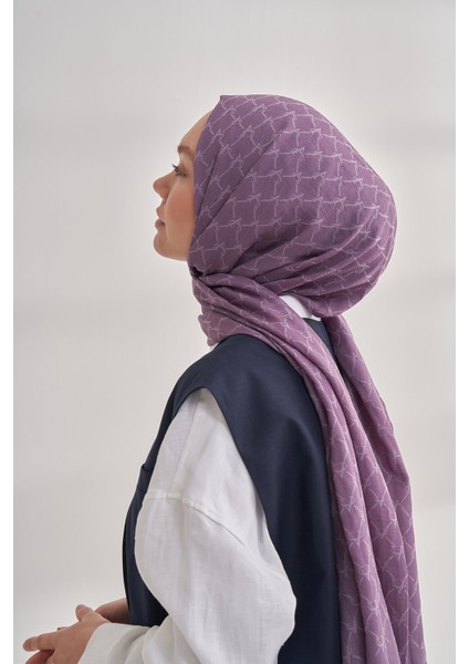 Zincir Desenli Cotton Monogram Şal - Leylak