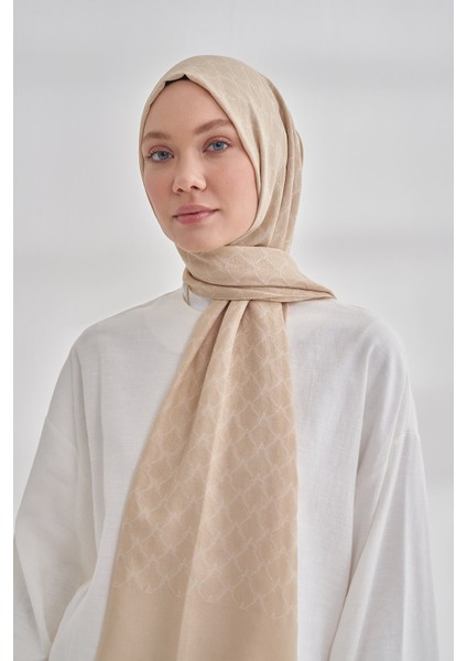 Zincir Desenli Cotton Monogram Şal - Bej