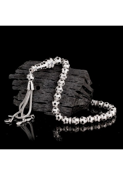 Futbol Topu Model Zirkon Taşlı Siyah Mineli 925 Ayar Gümüş Tesbih fiyatları