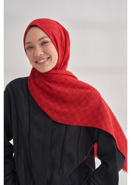 Zincir Desenli Cotton Monogram Şal - Kırmızı
