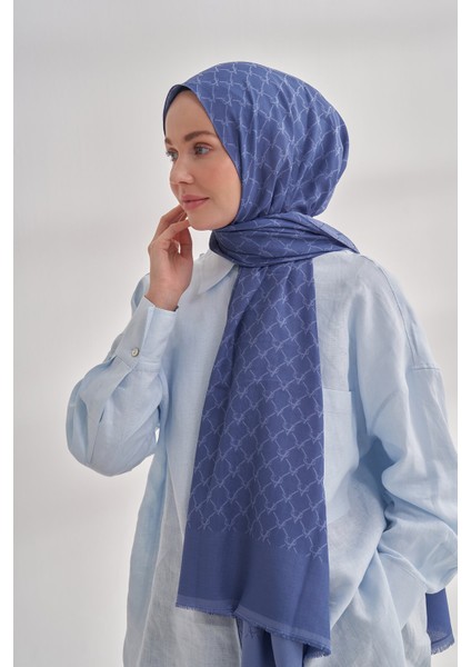 Zincir Desenli Cotton Monogram Şal - Indigo