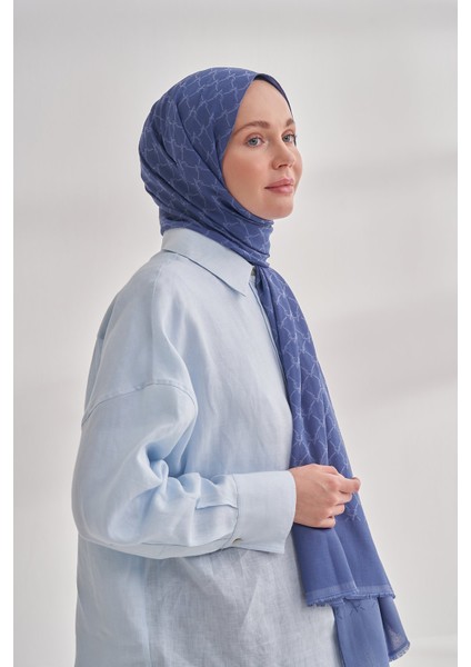 Zincir Desenli Cotton Monogram Şal - Indigo modelleri