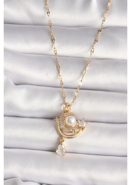 316L Gold Renk Zirkon Taşlı Ay Yıldız Model Sallantı Detay Kadın Kolye - EBJ250118W30733