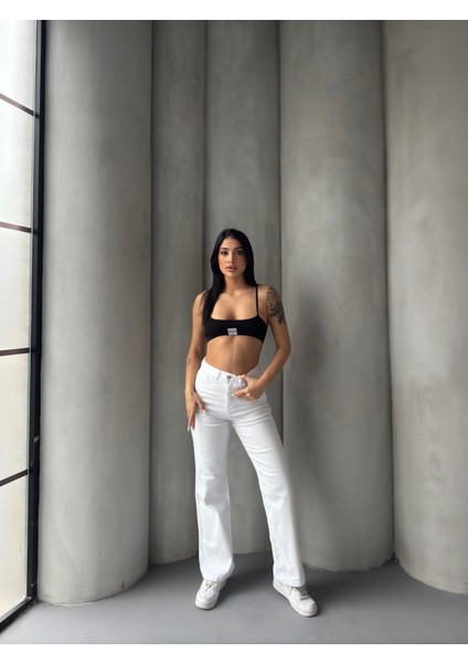 Beyaz Yüksek Bel Straight Jeans