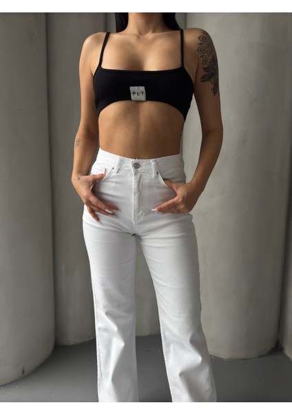 Beyaz Yüksek Bel Straight Jeans