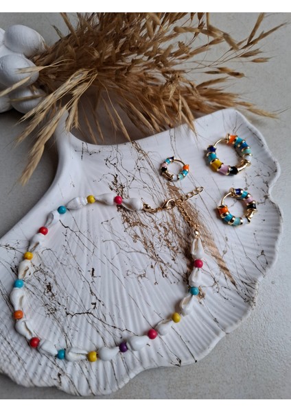 Kadın Renkli Boncuk Halhal Küpe Set fırsatları