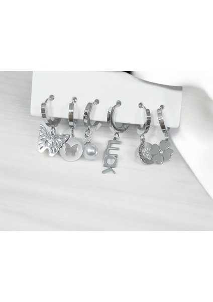 Kadın Çelik Luck Detaylı 6 Adet Küpe Set Gümüş Renk
