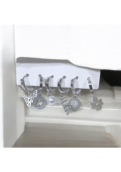 Kadın Çelik Luck Detaylı 6 Adet Küpe Set Gümüş Renk