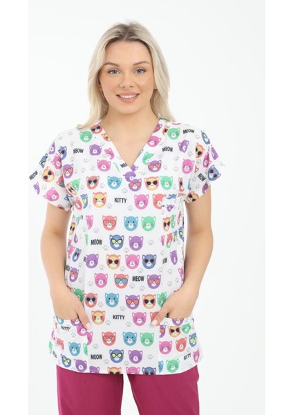 Likralı Cerrahi, Doktor, Hemşire, Veteriner, Dişçi, Desenli, Renkli Forma Tek Üst Scrubs