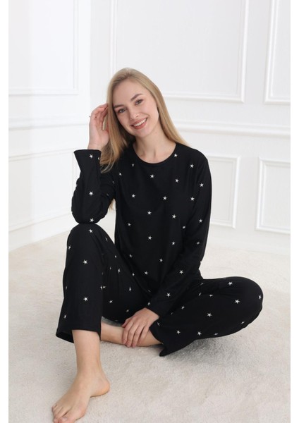 Kadın 20502-270 Uzun Kol Desenli Süet Pijama Takımı Siyah