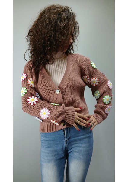 Nude Kahve Çiçek Motif Işleme Triko Kadın Hırka Standart Beden