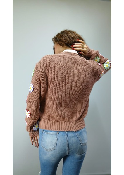 Nude Kahve Çiçek Motif Işleme Triko Kadın Hırka Standart Beden fiyatları