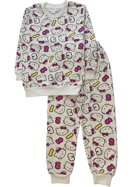 Kız Çocuk Iki Iplik Pamuklu Şardonlu Beyaz Hello Kitty Desenli Uzun Kollu Kışlık Pijama Takımı