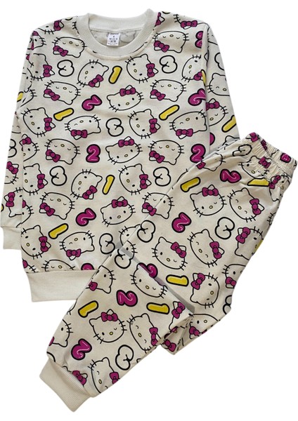 Kız Çocuk Iki Iplik Pamuklu Şardonlu Beyaz Hello Kitty Desenli Uzun Kollu Kışlık Pijama Takımı modelleri