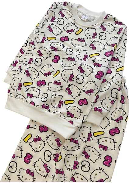 Kız Çocuk Iki Iplik Pamuklu Şardonlu Beyaz Hello Kitty Desenli Uzun Kollu Kışlık Pijama Takımı fırsatları