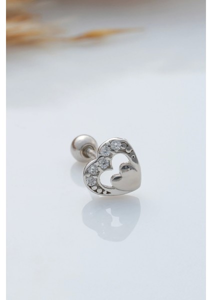 925 Ayar Kalp Motifli Taşlı Minimal Tragus Piercing